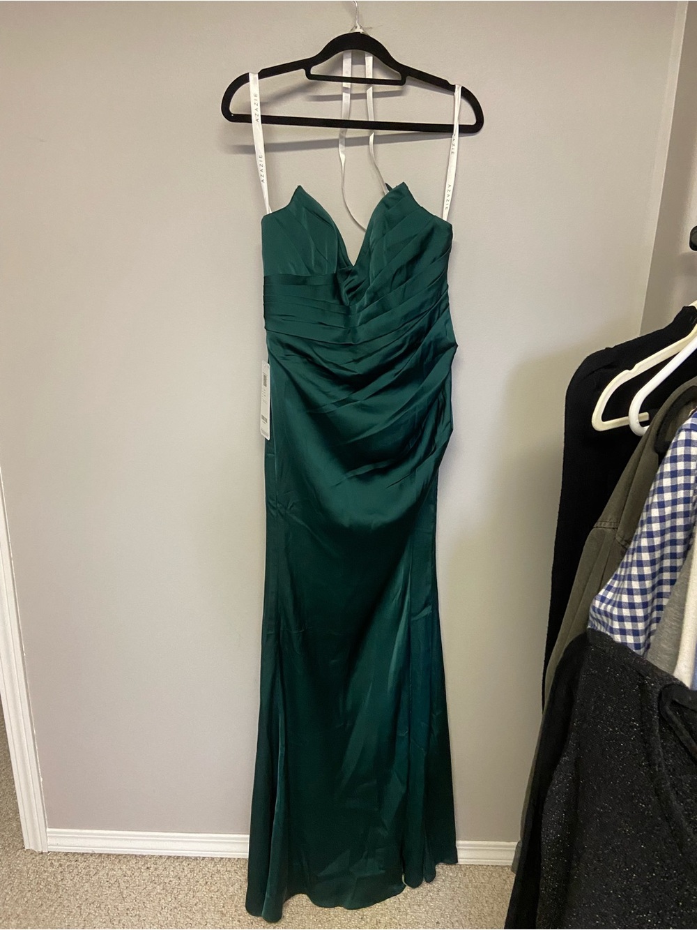 Azazie Stretch Satin Strapless Gown | US 6 | Emerald Green - Picture 2 of 3
